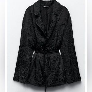 New-ZARA WOMAN COLLARED CREASED SATIN WRAP KIMONO BELT BLACK